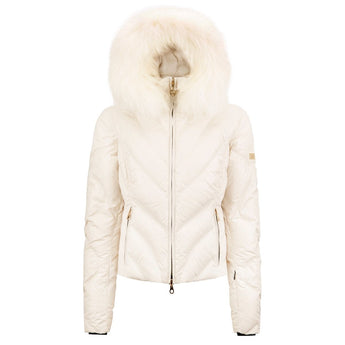 White quilted puffer jacket with fluffy fur hood and gold zipper