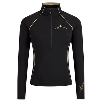 High Society Stella Legend black half-zip midlayer front view with gold piping and chest stars