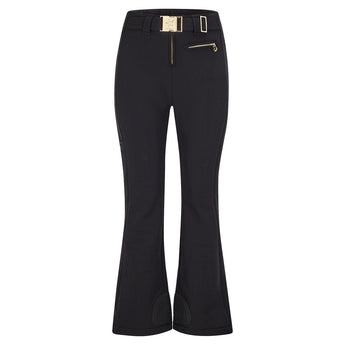 Black High Society Lani Nebula ski pants with gold star buckle belt and flared leg