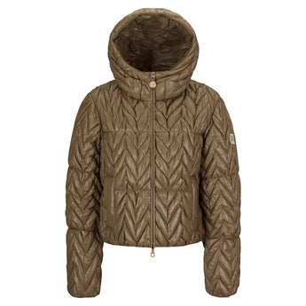 High Society Malia brown quilted ski jacket with chevron stitching and hood