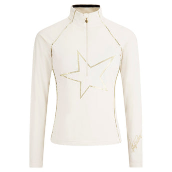 Front view of cream High Society Stella half zip top with gold star graphic