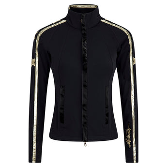 Black High Society full-zip jacket with gold shoulder stripes and satin pocket accents