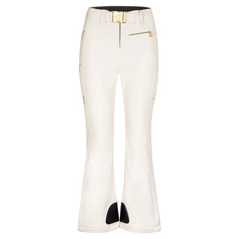 Front view of white flared ski pants with gold star details and buckle
