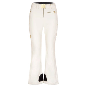 Front view of white flared ski pants with gold star details and buckle