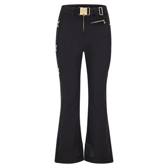 Front view of black Lani Star ski pants featuring gold star-buckle belt and side seams