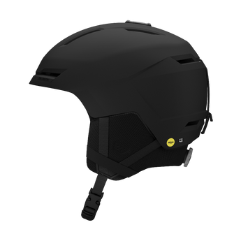 Matte black Salomon Pioneer 3 MIPS ski helmet with yellow MIPS label and ventilation slots