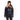 Cropped glossy black puffer jacket with beige sleeve panels and tan fur collar
