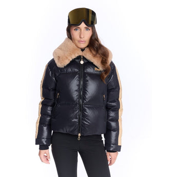 Cropped glossy black puffer jacket with beige sleeve panels and tan fur collar