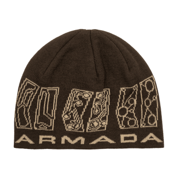 Brown ARMADA Ar Skully Beanie with geometric lettering and ribbed knit