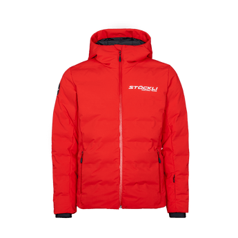 Red Stoeckli Powder jacket with quilted design and racing team text