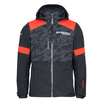 Men's Stöckli ski jacket with red camo chest and white racing text