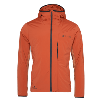 Men's orange Stöckli Montero insulated hooded jacket with black zipper and racing logo