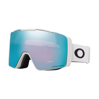 White Oakley Line Miner Pro ski goggles with blue-to-pink gradient PRIZM lens