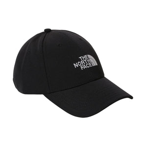 Front view of black The North Face 66 Classic Hat with white embroidered logo and six-panel design