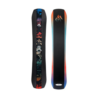 Jones SNB Mountain Twin snowboard top and bottom view with colorful mountain graphic design