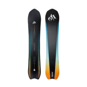 Jones Stratos hybrid snowboard black with teal orange gradient and mountain logo