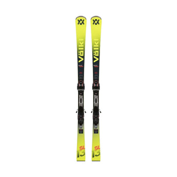 Völkl Racetiger SL skis upright with black silver bindings