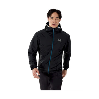 Black Arcteryx Atom Hoody men's midlayer with blue zipper tape and white logo