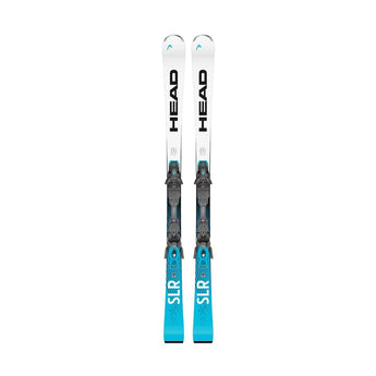 HEAD WC Rebels e.SLR SW skis with cyan base and gray bindings