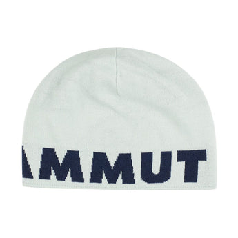 Off-white Mammut beanie with navy block letter text and ribbed cuff