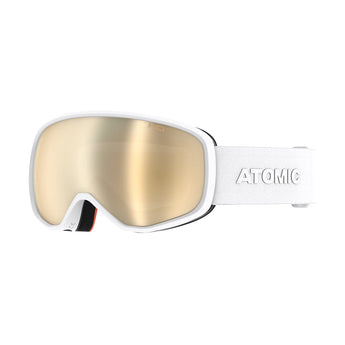 Side view Atomic Revent ski goggles white strap with ATOMIC logo and HD PHOTO lens marking