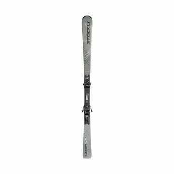 Used Stöckli Laser CXI carving ski with MC12 binding, gray base with black diagonal lines