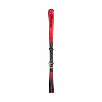 Used Stöckli Laser GS alpine ski with red and black graphics and mounted bindings