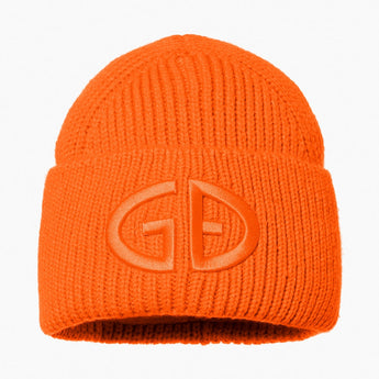 Vibrant orange Goldbergh Valerie beanie with raised GD embroidery