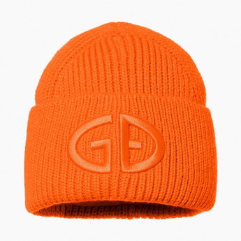 Vibrant orange Goldbergh Valerie beanie with raised GD embroidery