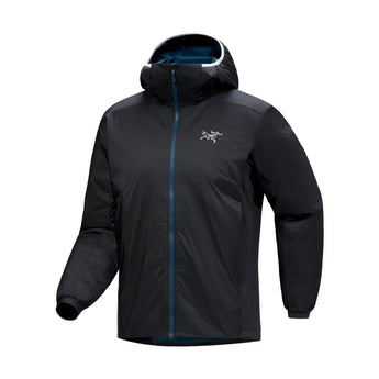 Black Arcteryx Atom Hoody men's midlayer front view on mannequin