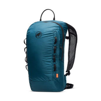 Side profile of teal Mammut daypack with vertical compression straps