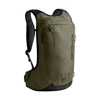 Olive green Ortovox Powder Rider 6 structured matte backpack front view with dark gray text