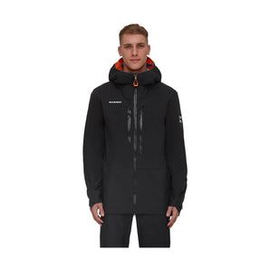 Front view Mammut Eiger Free Advanced HS Hooded Jacket Men with orange hood trim and chest logo