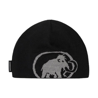 Black Mammut beanie front view with circular mammoth logo and woven brand tag