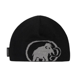 Black Mammut beanie front view with circular mammoth logo and woven brand tag