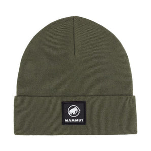 Olive green Mammut Fedoz Beanie with folded cuff and black logo patch front view