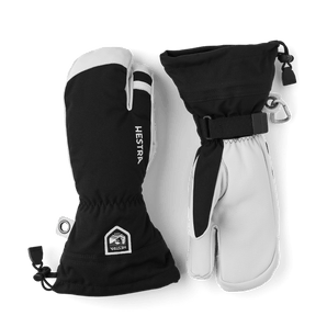 Hestra Army Heli Ski Jr 3Finger black and white three-finger mitten front and back view
