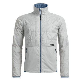Light grey quilted Ortler Metawool jacket with blue trim, zip pockets, and logo patch