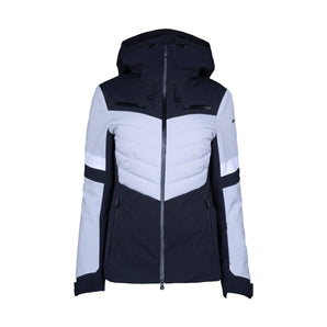 Stoeckli women's navy and gray quilted chest ski jacket front view with zippered pockets