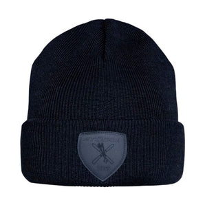 Stoeckli navy ribbed knit beanie with embroidered shield logo and crossed ski poles