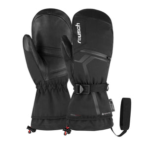 Black Reusch Down Spirit GTX mittens with leather palm and Gore-Tex waterproofing