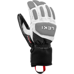 White Leki Skyster ski glove featuring black mesh panels and elastic wrist cuff