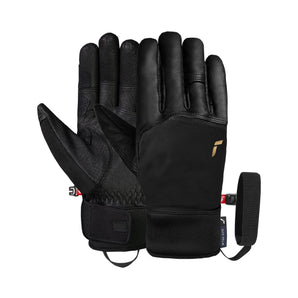 Pair of black Reusch Steadfast Dry Palm ski gloves showing gold logo and waterproof palm