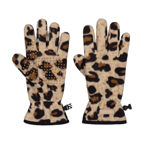 Barts beige leopard print fleece gloves with textured grip and adjustable buckle cuffs