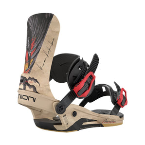 Three-quarter view of Union Atlas PRO snowboard binding with GAP Fiber technology and red buckles