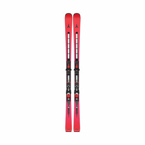 Atomic Redster G9 red alpine skis with black bindings and white logo