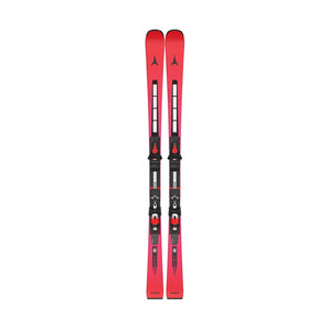 Red Atomic Redster S8 alpine skis with black bindings for slalom racing