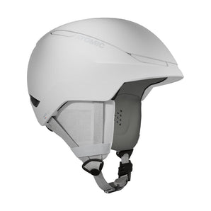 Side view of matte white Atomic Revent ski helmet showing streamlined shell and ear ventilation
