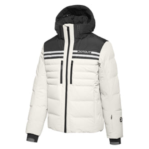 White and black Dot Out Pluma men's hooded puffer jacket full front view with shoulder stripes
