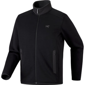 Flat lay of black Arcteryx Kyanite full-zip fleece jacket with paneling